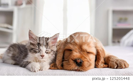 仲良く一緒に寝ているアメリカンコッカースパニエルの子犬と猫 125201448
