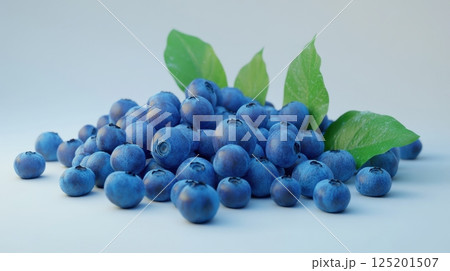 Fresh Blueberries with Green Leaves on Light Background 125201507