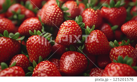 Fresh and Juicy Strawberries with Bright Red Color and Green Leaves 125201576