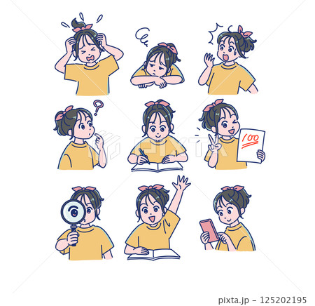 小学生の女子の勉強の表情セット 125202195