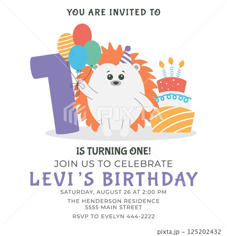 Greeting invitation card for first kids Birthday party. Cute baby hedgehog,cake,balloons,number 1 in flat childrens style. Vector illustration, design for card, poster, banner 125202432