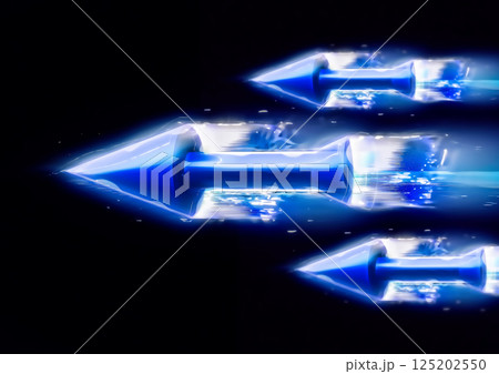 黒い背景に飛行する青色のデジタルの矢印の3dレンダリング	 125202550