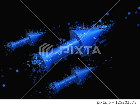 黒い背景に飛行する青色のデジタルの矢印の3dレンダリング	 125202575