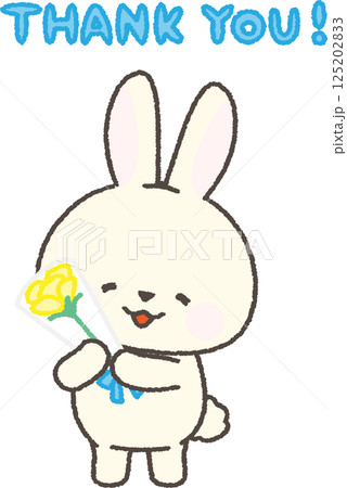 黄色いバラの花束を持つ白ウサギ 125202833