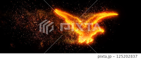 黒い背景に羽ばたく抽象的な火の鳥の3dイラスト	 125202837