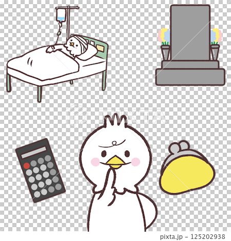 終活のお金を心配する白い鳥のイラスト 終活のお金を心配する白い鳥のイラスト 125202938
