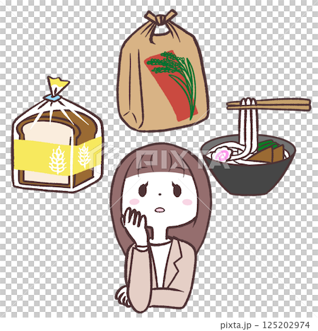 Illustration of a woman thinking about staple foods 125202974