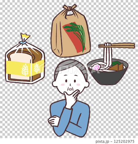 Illustration of a senior man thinking about staple foods Illustration of a senior man thinking about staple foods 125202975