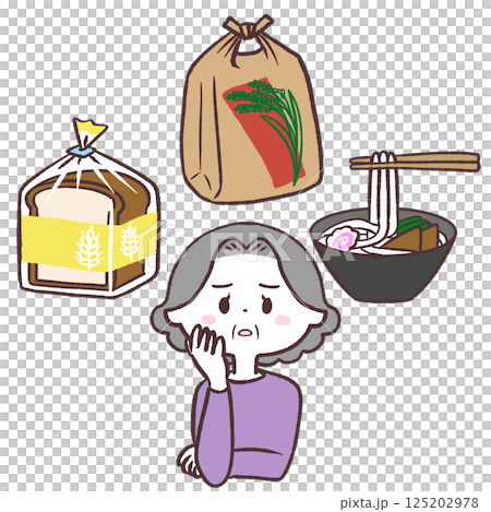 一位老年婦女思考主食的插圖 一位老年婦女思考主食的插圖 125202978