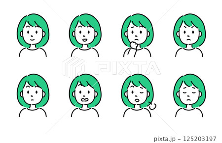 シンプルな女性の表情8種類セット(フラットイラスト・ベクター素材) シンプルな女性の表情8種類セット(フラットイラスト・ベクター素材) 125203197