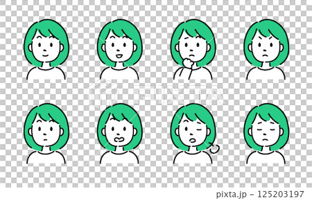 シンプルな女性の表情8種類セット(フラットイラスト・ベクター素材) シンプルな女性の表情8種類セット(フラットイラスト・ベクター素材) 125203197