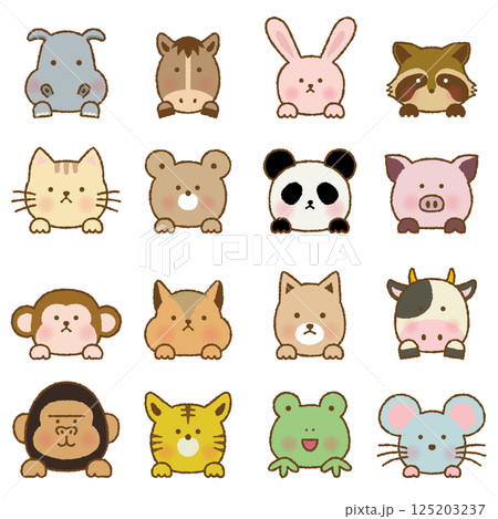 手描き風　ひょっこり顔を出す動物たちのカラーイラストセット 125203237