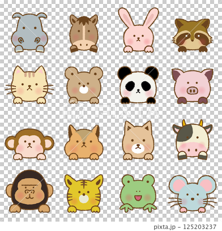 手描き風　ひょっこり顔を出す動物たちのカラーイラストセット 125203237