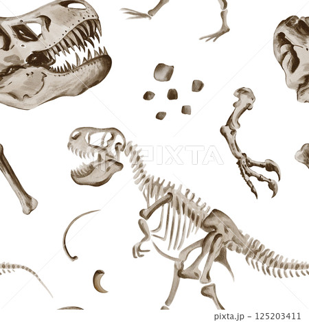 Seamless pattern with dinosaur Rex skeleton. Theranosaurus parts, bones and paws. Jurassic fossils and rocks. Watercolor illustration without background. Hand drawing. High quality illustration Seamless pattern with dinosaur Rex skeleton. Theranosaurus parts, bones and paws. Jurassic fossils and rocks. Watercolor illustration without background. Hand drawing. High quality illustration 125203411