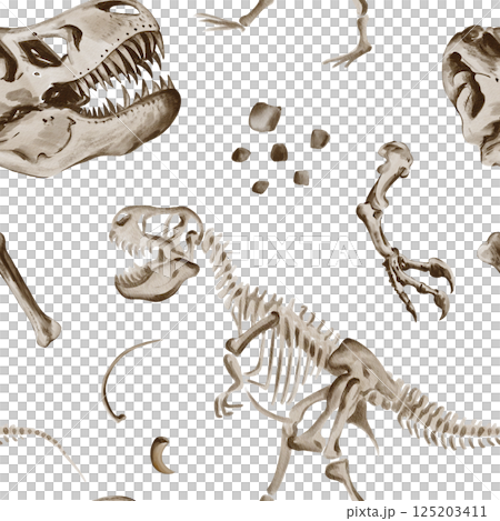Seamless pattern with dinosaur Rex skeleton. Theranosaurus parts, bones and paws. Jurassic fossils and rocks. Watercolor illustration without background. Hand drawing. High quality illustration 125203411