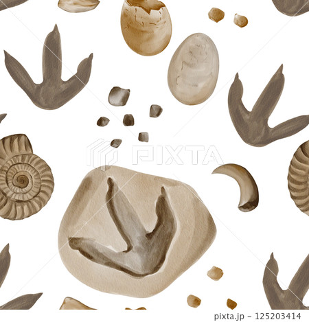 Seamless pattern with fossils. Dinosaur footprints. Reptile eggs. Stones and pebbles. Watercolor illustration without background. Hand-drawn. Teeth and fangs of predators. High quality illustration Seamless pattern with fossils. Dinosaur footprints. Reptile eggs. Stones and pebbles. Watercolor illustration without background. Hand-drawn. Teeth and fangs of predators. High quality illustration 125203414