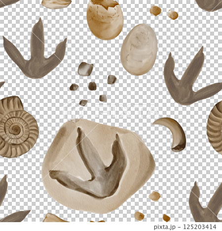 Seamless pattern with fossils. Dinosaur footprints. Reptile eggs. Stones and pebbles. Watercolor illustration without background. Hand-drawn. Teeth and fangs of predators. High quality illustration Seamless pattern with fossils. Dinosaur footprints. Reptile eggs. Stones and pebbles. Watercolor illustration without background. Hand-drawn. Teeth and fangs of predators. High quality illustration 125203414