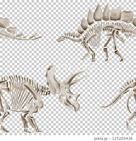 Seamless pattern with dinosaur skeletons. Traceratops and diplodocus. Prehistoric reptiles and animals. Bones and fossils of the Jurassic era. Watercolor illustration without background. Hand drawing. Seamless pattern with dinosaur skeletons. Traceratops and diplodocus. Prehistoric reptiles and animals. Bones and fossils of the Jurassic era. Watercolor illustration without background. Hand drawing. 125203416