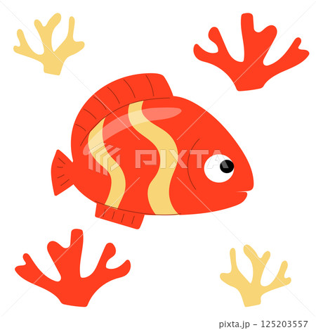 Cartoon Style Red Tropical Fish, Cute and Colorful Underwater Marine Life Illustration for Ocean, Aquarium, and Kids Designs 125203557