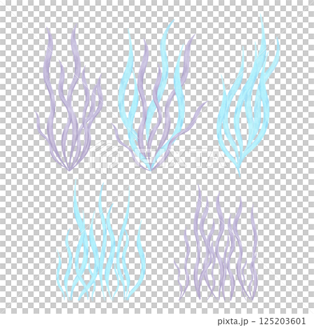 Set of blue, purple seaweed. Watercolor illustration. Marine clipart of underwater plants. Hand drawn isolated art. Ocean flora plants. For marine theme, cosmetology, spa, children, tourism projects 125203601