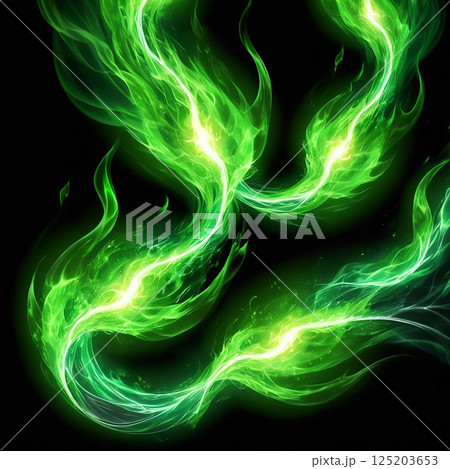 Glowing green wisps of energy swirling against a dark background creating a mesmerizing abstract design that captures the essence of light motion and ethereal beauty. 125203653
