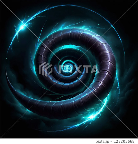 Swirling black spiral with glowing blue light effects emanating from the center, creating a mystical and captivating visual illusion in a dark background. 125203669