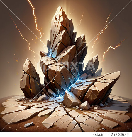 Rocky formation with sharp crystal-like structures illuminated by radiant light and surrounded by a display of electrical energy against a muted background. 125203685