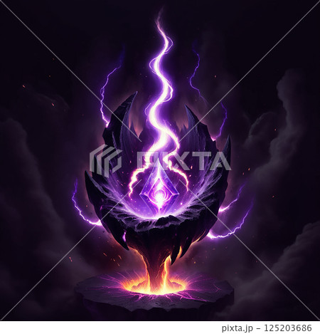 Mysterious glowing purple crystal surrounded by dark jagged rocks and swirling energy emanating from a volcanic-like base with lightning effects in a mystical atmosphere. 125203686