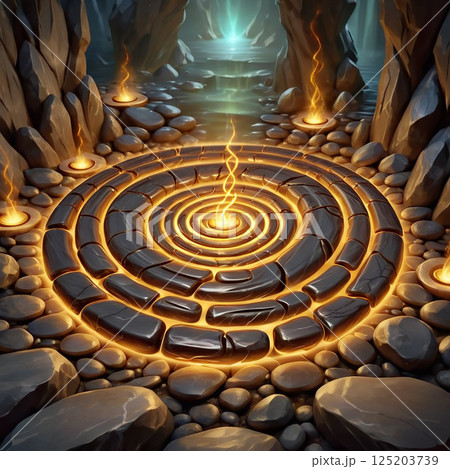 Spiral stone maze illuminated by glowing lines, surrounded by rocky terrain and mysterious cave-like structure leading to a bright light. 125203739