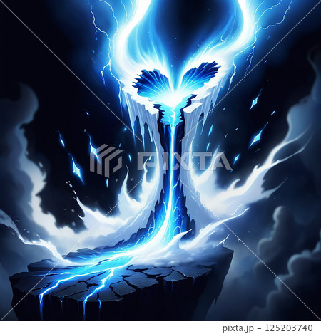 Ethereal waterfall cascading from the sky surrounded by dark clouds illuminated by glowing blue light creating a mystical and captivating scene. 125203740