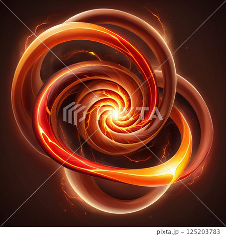 Swirling abstract design with vibrant orange and red hues creating a dynamic energy pattern, contrasted against a dark background that enhances the visual impact. 125203783