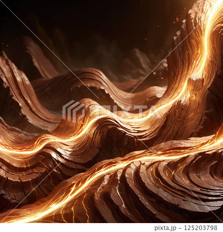 Glowing lava flowing through rocky terrain with dramatic lighting and textured surface creates an otherworldly landscape of vibrant colors and dynamic formations. 125203798