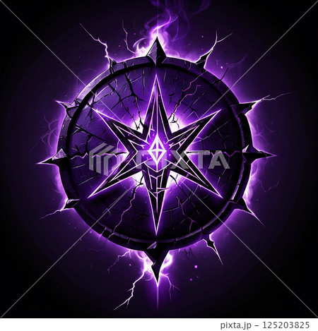 Illuminated purple star compass symbol with a cracked circular border surrounded by energetic light effects set against a dark background. 125203825