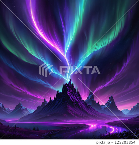 Vibrant aurora borealis lighting up a majestic mountain landscape surrounded by a shimmering river under a colorful starry night sky. 125203854