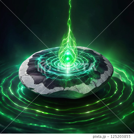 Radiant green energy emerging from a stone, creating mesmerizing ripples in a tranquil surface, illuminating the surroundings with an ethereal glow. 125203855