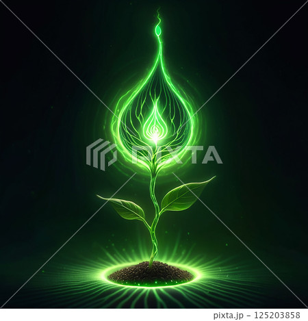 Glowing green plant with luminescent leaves emerging from dark soil, surrounded by an ethereal green light in a mystical atmosphere. Glowing green plant with luminescent leaves emerging from dark soil, surrounded by an ethereal green light in a mystical atmosphere. 125203858