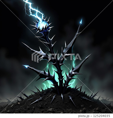 A striking dark thorny plant emitting electric blue lightning bolts in a dramatic stormy background, surrounded by a shadowy, ominous atmosphere. 125204035