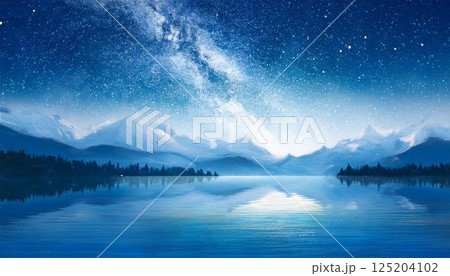 星空と雪山が映る神秘的な青い湖5 125204102