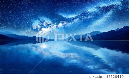 星空と雪山が映る神秘的な青い湖3 125204104