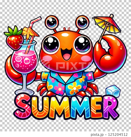 A cheerful crab enjoying summer with drinks and a vibrant atmosphere. 125204512