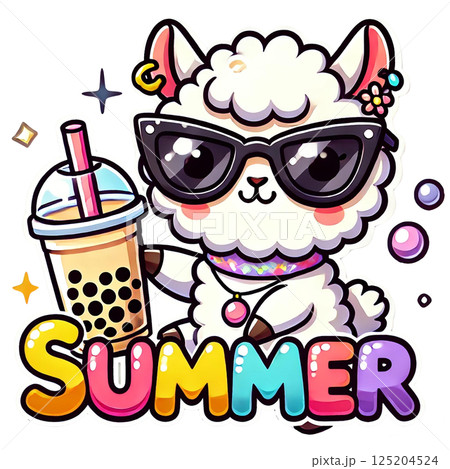 A cute cartoon llama enjoying summer with a drink and sunglasses. 125204524