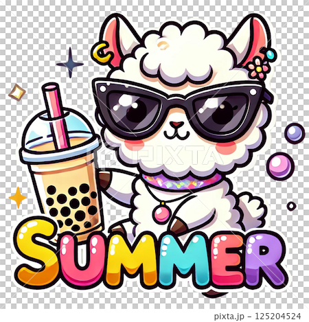 A cute cartoon llama enjoying summer with a drink and sunglasses. 125204524