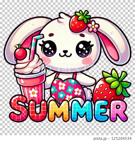 A cute summer-themed bunny with a drink and strawberries. 125204534