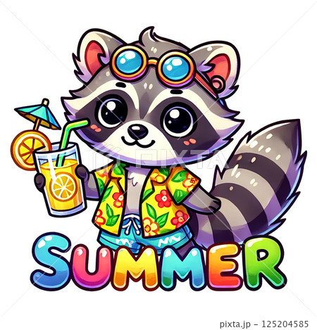 Cute raccoon enjoying summer with a refreshing drink and sunglasses. Cute raccoon enjoying summer with a refreshing drink and sunglasses. 125204585
