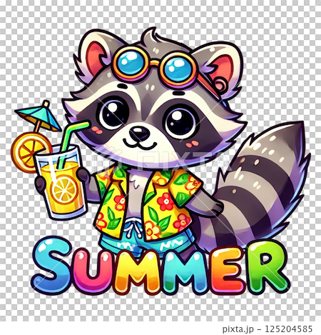 Cute raccoon enjoying summer with a refreshing drink and sunglasses. Cute raccoon enjoying summer with a refreshing drink and sunglasses. 125204585