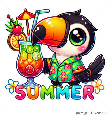 Cute summer toucan enjoying a colorful tropical drink with vibes. Cute summer toucan enjoying a colorful tropical drink with vibes. 125204592