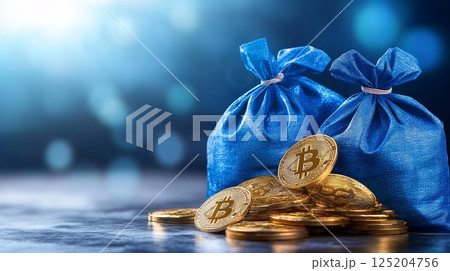 Blue bags filled with Bitcoin coins shine under soft light, symbolizing digital wealth. 125204756