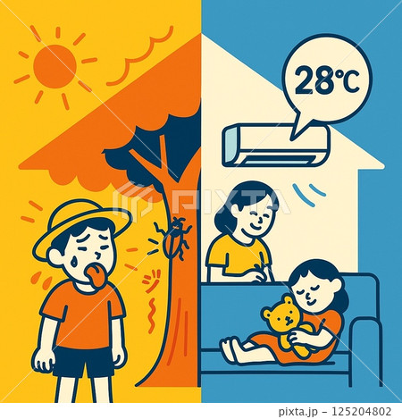 真夏日の屋外と、快適な省エネ住宅での暮らし 真夏日の屋外と、快適な省エネ住宅での暮らし 125204802