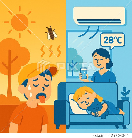 真夏日の屋外と、快適な省エネ住宅での暮らし 125204804