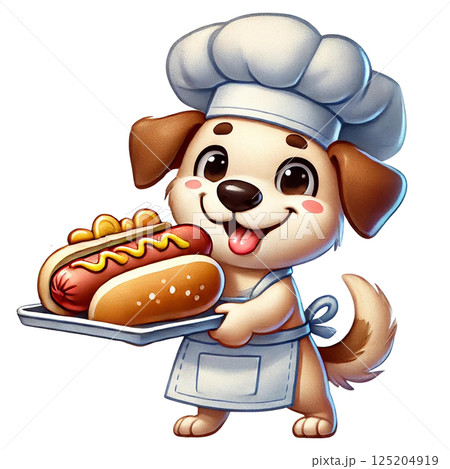 Cute cartoon dog chef serving delicious hot dogs on a plate. 125204919